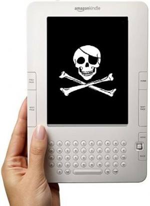 Kindle ereader with pirate flag on screen